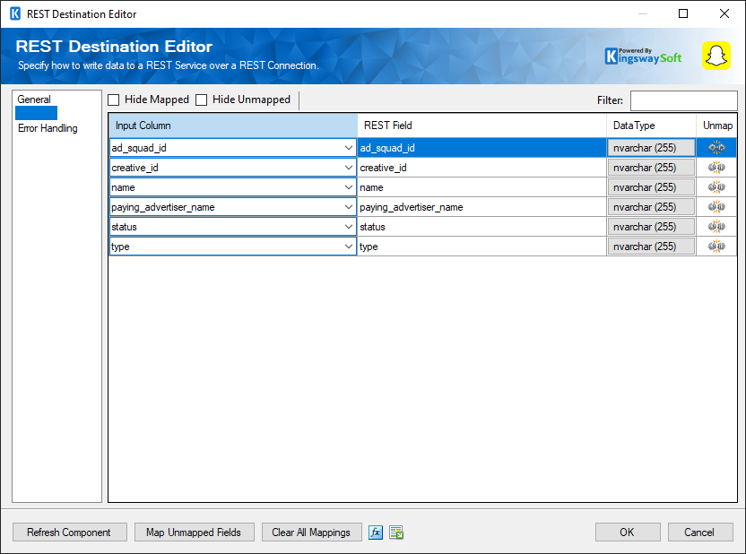 SSIS Snapchat Business Destination Component - Columns